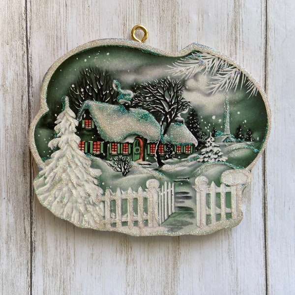 House and Church Snow Scene ~ Christmas Ornament ~ Vintage Card Image ~ Glitter and Wood ~ Holiday Tree Decoration C1206