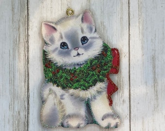 White Kitten with Wreath ~ Christmas Ornament ~ Vintage Card Image ~ Glitter and Wood ~ Holiday Tree Decoration C960