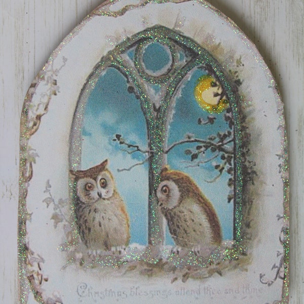 Owls in a Moonlit Window ~ Christmas Ornament ~ Vintage Card Image ~ Glitter and Wood ~ Holiday Tree Decoration C18