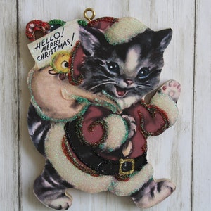 Santa Cat ~ Christmas Ornament ~ Vintage Card Image ~ Glitter and Wood ~ Holiday Tree Decoration C427