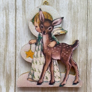 Angel and Deer ~ Christmas Ornament ~ Vintage Card Image ~ Glitter and Wood ~ Holiday Tree Decoration C2