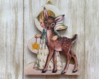 Angel and Deer ~ Christmas Ornament ~ Vintage Card Image ~ Glitter and Wood ~ Holiday Tree Decoration C2