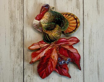Turkey and Fall Leaves ~ Glittered Thanksgiving Ornament ~ Vintage Card Image ~ Wood and Glitter ~ Holiday Tree Decoration T