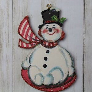 Snowman on Saucer Sled ~ Christmas Ornament ~ Vintage Card Image ~ Glitter and Wood ~ Holiday Tree Decoration C65