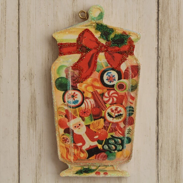 Candy Jar #2 * Christmas Tree Ornament * Vintage Card Image * Wood and Glitter * Holiday Decoration C623