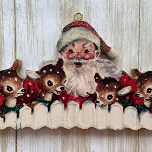 Santa & Little Reindeer ~ Christmas Ornament ~ Vintage Card Image ~ Glitter and Wood ~ Holiday Tree Decoration C1