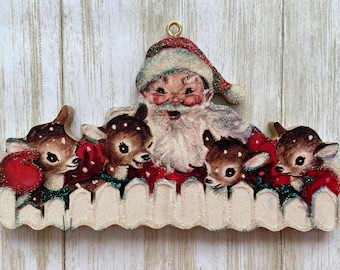 Santa & Little Reindeer ~ Christmas Ornament ~ Vintage Card Image ~ Glitter and Wood ~ Holiday Tree Decoration C1