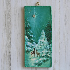 Deer Looking at Star Over Church in Woods * Christmas Tree Ornament * Vintage Card Image * Wood and Glitter * Holiday Decoration C847