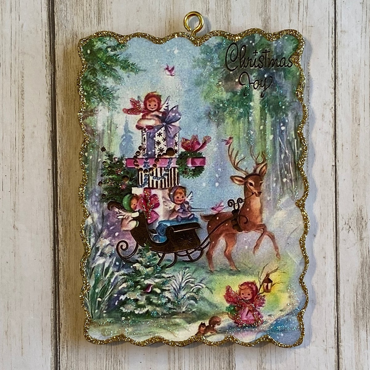 Angels With a Sleigh Full of Presents ~ Christmas Ornament ~ Vintage Card Image ~ Glitter and Wood ~ Holiday Tree Decoration C925 - Etsy