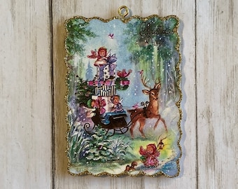 Angels with a Sleigh Full of Presents ~ Christmas Ornament ~ Vintage Card Image ~ Glitter and Wood ~ Holiday Tree Decoration C925