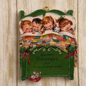 Children All Tucked in Bed ~ Christmas Ornament ~ Vintage Card Image ~ Glitter and Wood ~ Holiday Tree Decoration C9