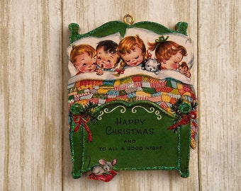 Children All Tucked in Bed ~ Christmas Ornament ~ Vintage Card Image ~ Glitter and Wood ~ Holiday Tree Decoration C9