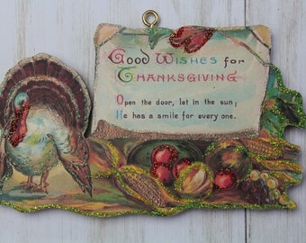 Turkey ~ Good Wishes ~ Glittered Thanksgiving Ornament ~ Vintage Card Image ~ Wood and Glitter ~ Holiday Tree Decoration T30