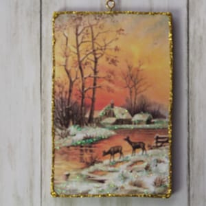 Snowy Sunset Scene w. Deer * Christmas Tree Ornament * Vintage Card Image * Wood and Glitter * Holiday Decoration C201