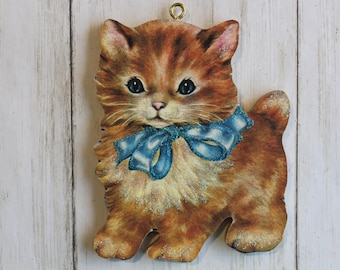 Orange Tabby Kitten ~ Christmas Ornament ~ Vintage Card Image ~ Glitter and Wood ~ Holiday Tree Decoration C946