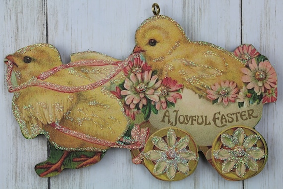 Chicks Pulling Egg Cart ~ Easter Ornament ~ Vintage PostCard Image ~ Glitter and Wood ~ Holiday Tree Decoration ~ Antique Postcard Image E13