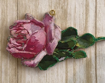 Pink Rose #2 ~ Christmas Ornament ~ Vintage Card Image ~ Glitter and Wood ~ Holiday Tree Decoration PR2