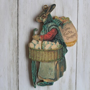 Rabbit Walking with Basket of Eggs ~ Easter Ornament ~ Vintage Card Image ~ Glitter and Wood ~ Holiday Tree Decoration E164