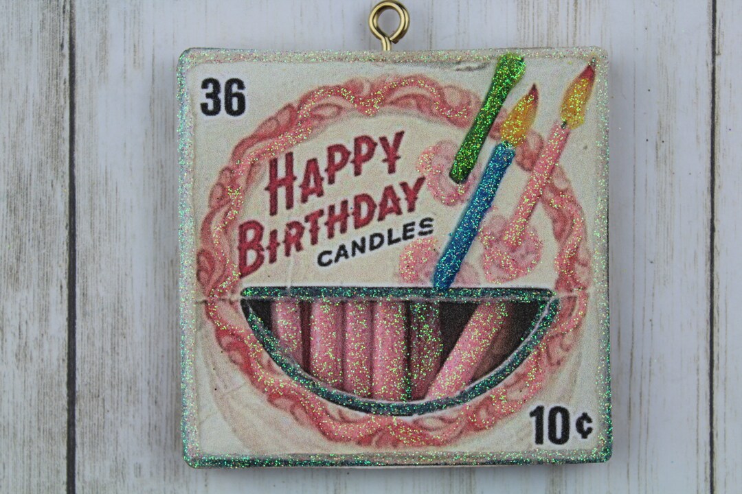 Box of Birthday Candles Glittered Ornament Vintage Card Image Glitter