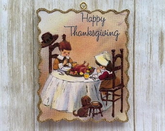 Boy and Girl with Puppy Giving Thanks at the Table ~ Thanksgiving Ornament ~ Vintage Card Image ~ Glitter and Wood ~ Holiday Tree Decoration