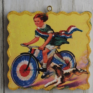Girl on Decorated Bicycle ~ Patriotic 4th of July Ornament ~ Vintage Card Image ~ Glitter and Wood ~ Holiday Tree Decoration