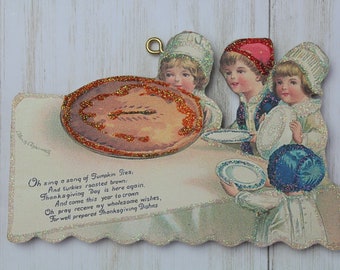 Children Waiting for Pumpkin Pie ~ Glittered Thanksgiving Ornament ~ Vintage Card Image ~ Wood and Glitter ~ Holiday Tree Decoration T18
