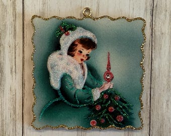 Christmas Lady #23 ~ Christmas Ornament ~ Vintage Card Image ~ Glitter and Wood ~ Holiday Tree Decoration C1309