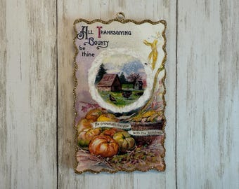 Farm Scene and Pumpkins ~ Glittered Thanksgiving Ornament ~ Vintage Card Image ~ Wood and Glitter ~ Holiday Tree Decoration T