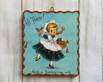 Dancing Pilgrim Girl ~ Glittered Thanksgiving Ornament ~ Vintage Card Image ~ Wood and Glitter ~ Holiday Tree Decoration T67