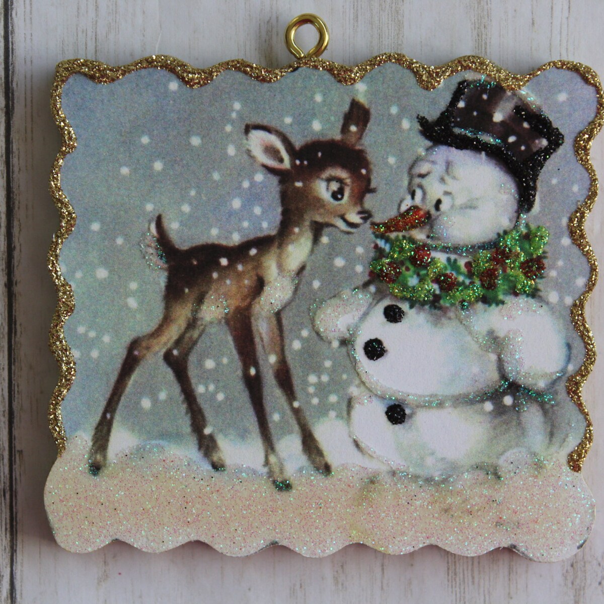 Deer and Snowman ~ Christmas Ornament ~ Vintage Card Image ~ Glitter and Wood ~ Holiday Tree Decoration C903 - Etsy