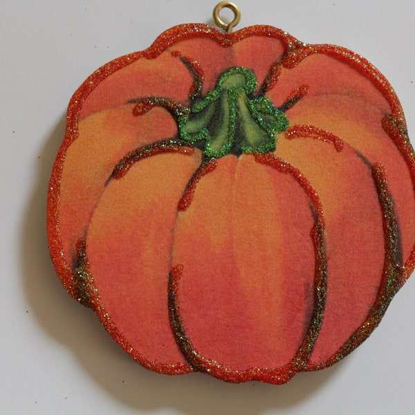 Calabaza * Adorno de Halloween * Imagen de tarjeta vintage * Madera y brillantina
