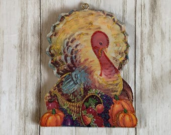 Turkey and Cornucopia ~ Glittered Thanksgiving Ornament ~ Vintage Card Image ~ Wood and Glitter ~ Holiday Tree Decoration T170