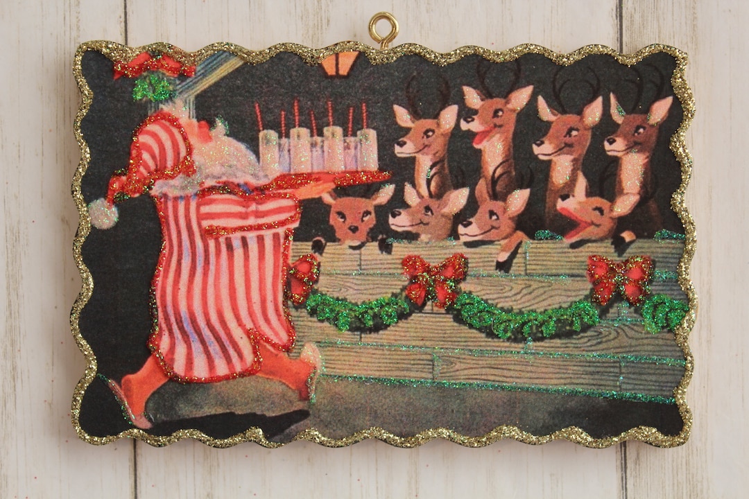 Santa Bringing Milk to Reindeer * Christmas Tree Ornament * Vintage Card Image * Wood and Glitter * Holiday Decoration C617 - Etsy