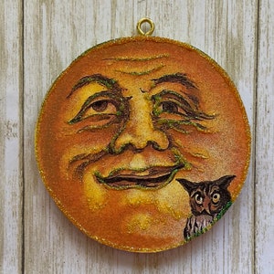 Man in the Moon with Owl ~ Halloween Ornament ~ Vintage Card Image ~ Glitter and Wood ~ Holiday Tree Decoration H253