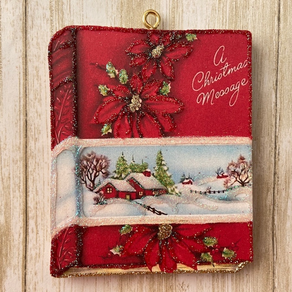 Pretty Book Cover Snowy Scene ~ Christmas Ornament ~ Vintage Card Image ~ Glitter and Wood ~ Holiday Tree Decoration C1025