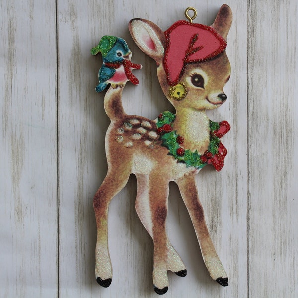 Deer in Santa Hat with Bluebird ~ Christmas Ornament ~ Vintage Card Image ~ Glitter and Wood ~ Holiday Tree Decoration C197