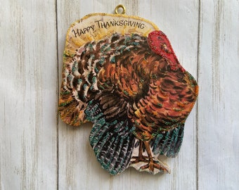 Turkey #10 ~ Glittered Thanksgiving Ornament ~ Vintage Card Image ~ Wood and Glitter ~ Holiday Tree Decoration T169