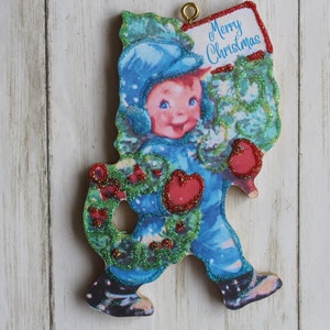 Boy Carrying Tree and Wreath * Christmas Tree Ornament * Vintage Card Image * Wood and Glitter * Holiday Decoration C865