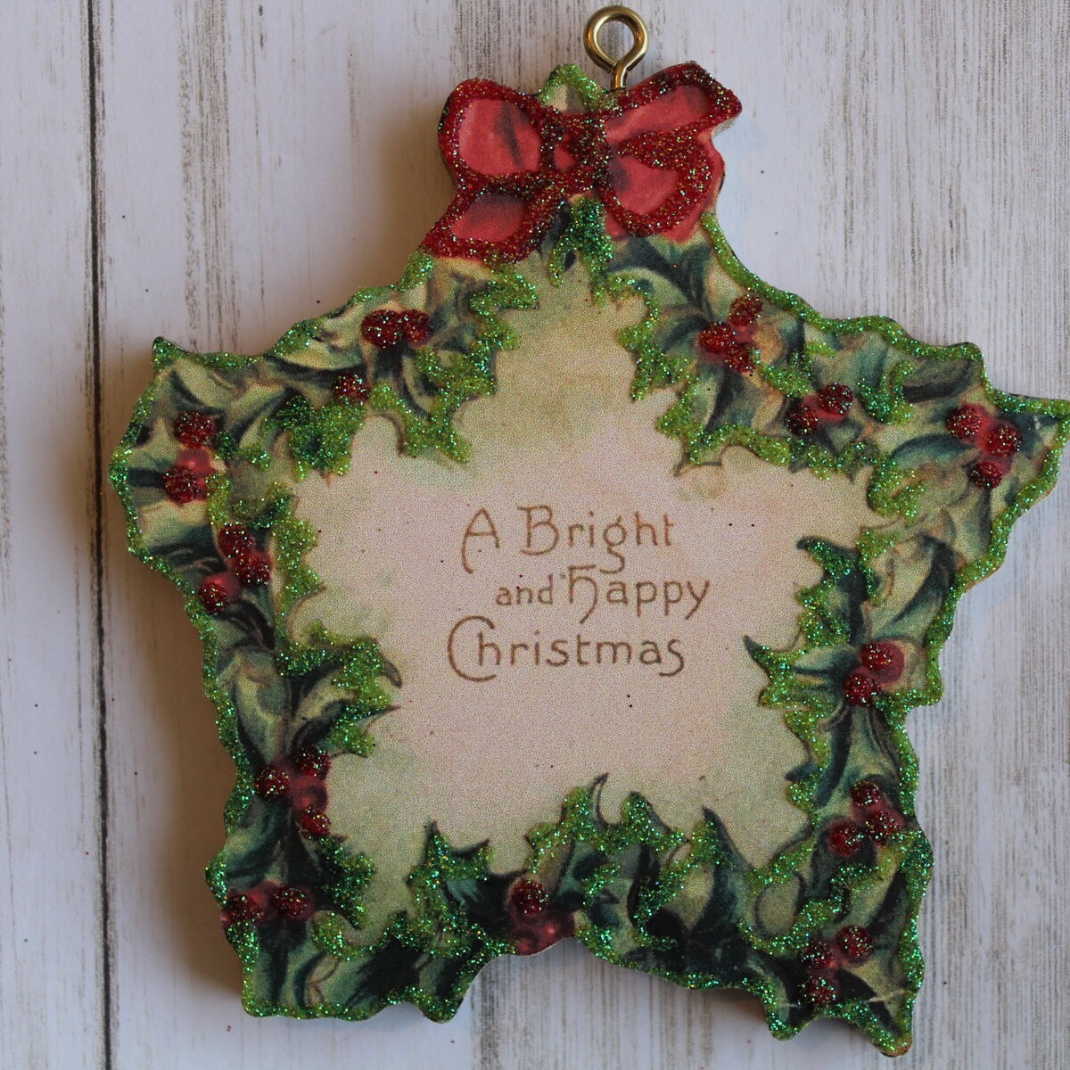 Star of Holly * Christmas Tree Ornament * Vintage Card Image * Wood and Glitter * Holiday Decoration C421 - Etsy