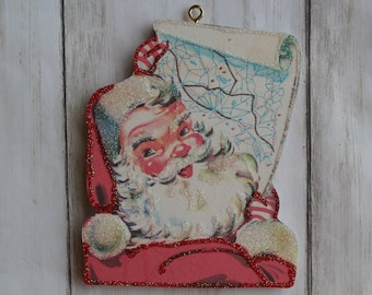 Santa Checking His Map ~ Christmas Ornament ~ Vintage Card Image ~ Glitter and Wood ~ Holiday Tree Decoration C237