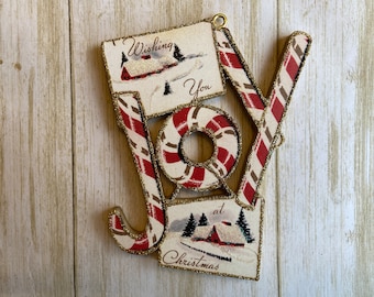 Joy ~ Houses ~ Christmas Ornament ~ Vintage Card Image ~ Glitter and Wood ~ Holiday Tree Decoration C1140