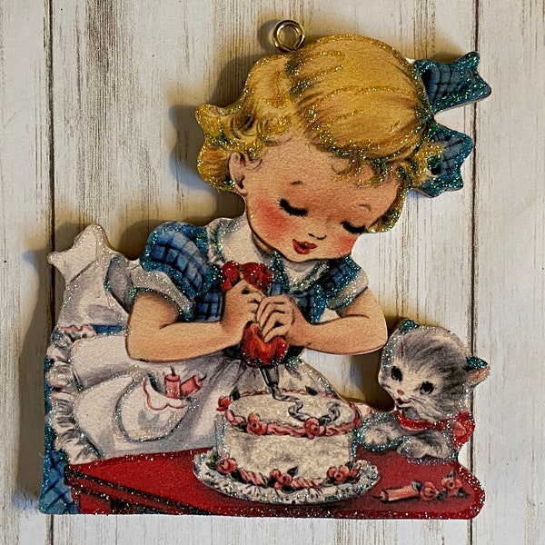 Girl Decorating Cake ~ Birthday Ornament ~ Vintage Card Image ~ Glitter and Wood ~ Holiday Tree Decoration