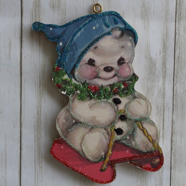 Snowman on Sled ~ Christmas Ornament ~ Vintage Card Image ~ Glitter and Wood ~ Holiday Tree Decoration C124