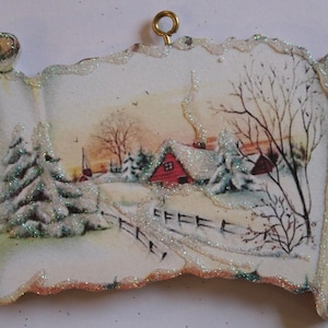 Pretty Scroll & Rural Scene * Christmas Ornament * Vintage Card Image * Glitter and Wood * Holiday Tree Decoration C30