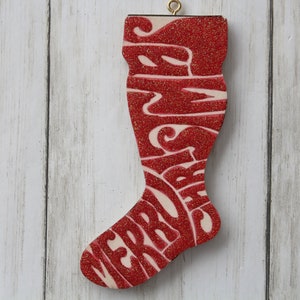 Merry Christmas Stocking ~ Glittered Christmas Ornament ~ Vintage Card Image ~ Wood and Glitter ~ Holiday Tree Decoration C61