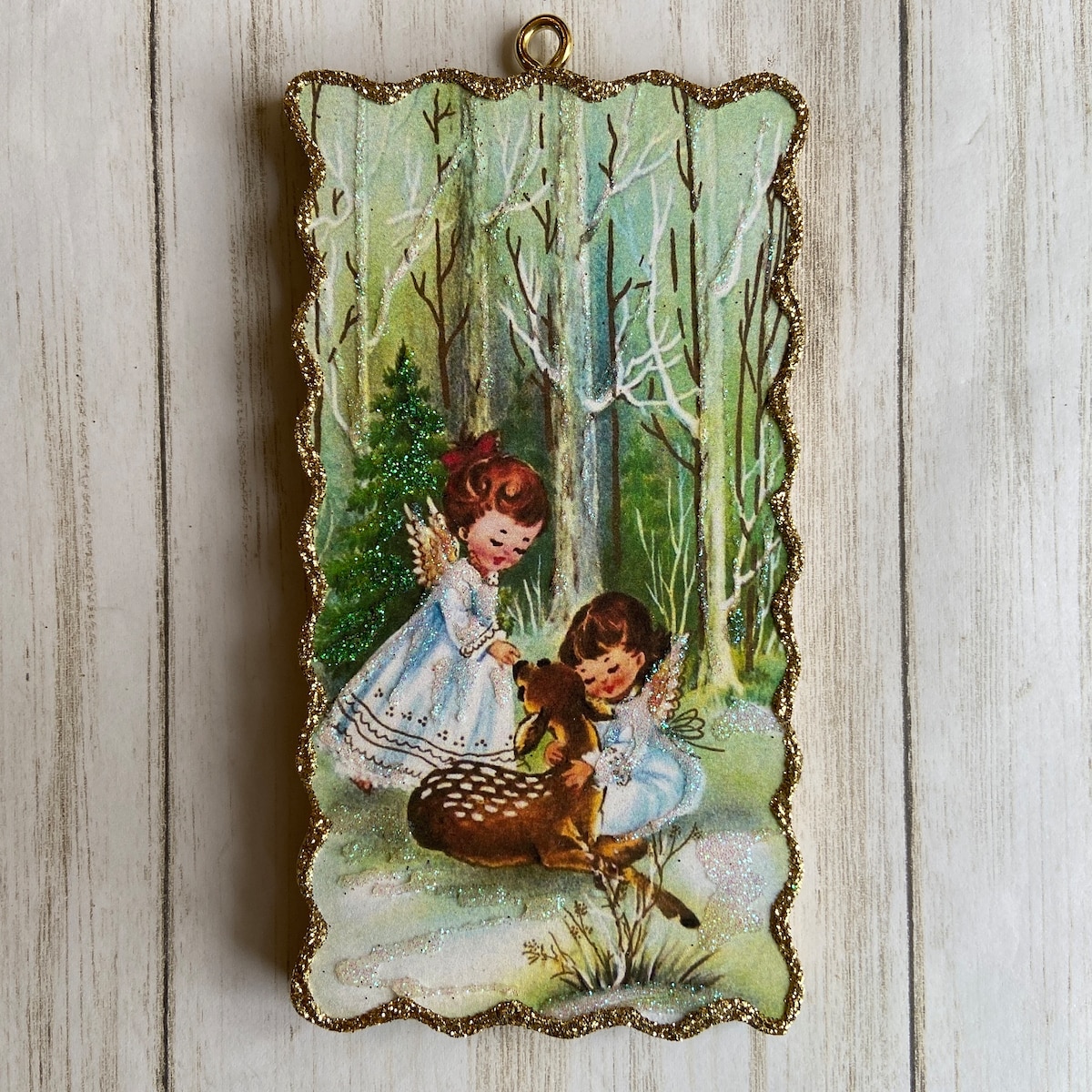 Angels With Fawn ~ Christmas Ornament ~ Vintage Card Image ~ Glitter and Wood ~ Holiday Tree Decoration C1215 - Etsy
