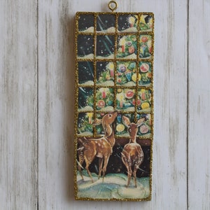 Deer Looking in Window * Christmas Tree Ornament * Vintage Card Image * Wood and Glitter * Holiday Decoration C320