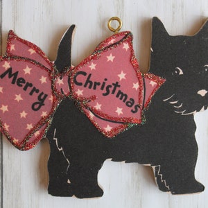 Scottie Dog with a Bow on It's Tail ~ Christmas Ornament ~ Vintage Card Image ~ Glitter and Wood ~ Holiday Tree Decoration