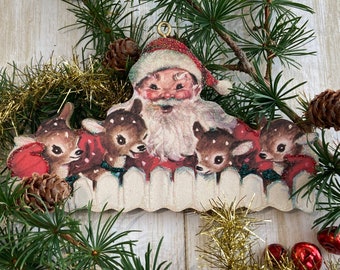 Santa & Little Reindeer ~ Christmas Ornament ~ Vintage Card Image ~ Glitter and Wood ~ Holiday Tree Decoration C1