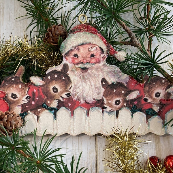Santa & Little Reindeer ~ Christmas Ornament ~ Vintage Card Image ~ Glitter and Wood ~ Holiday Tree Decoration C1